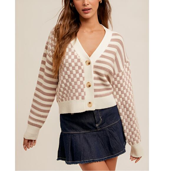 NEW Sincerely Jules‎ Womens Fall Preppy Check Striped Crop Cardigan Sweater XL - Picture 1 of 7
